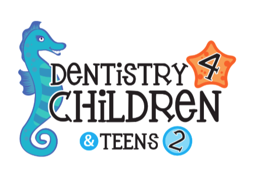 Logo featuring a seahorse, number 4, star, and "Dentistry for Children & Teens" written in black and blue font.