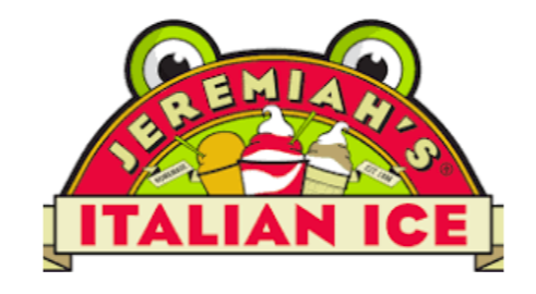 Logo for Jeremiah's Italian Ice with frog face, ice cream cones, and a green, yellow, red, and white color scheme.