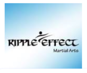 Logo for Ripple Effect Martial Arts on a blue gradient background. Text in bold, black font.