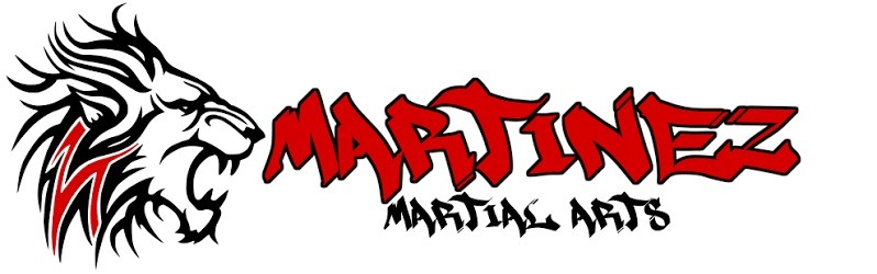 A logo for Martinez Martial Arts features a stylized roaring lion in black and red, with text below.