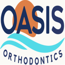 Blue and orange logo with "OASIS ORTHODONTICS" text. Wavy blue line at bottom.