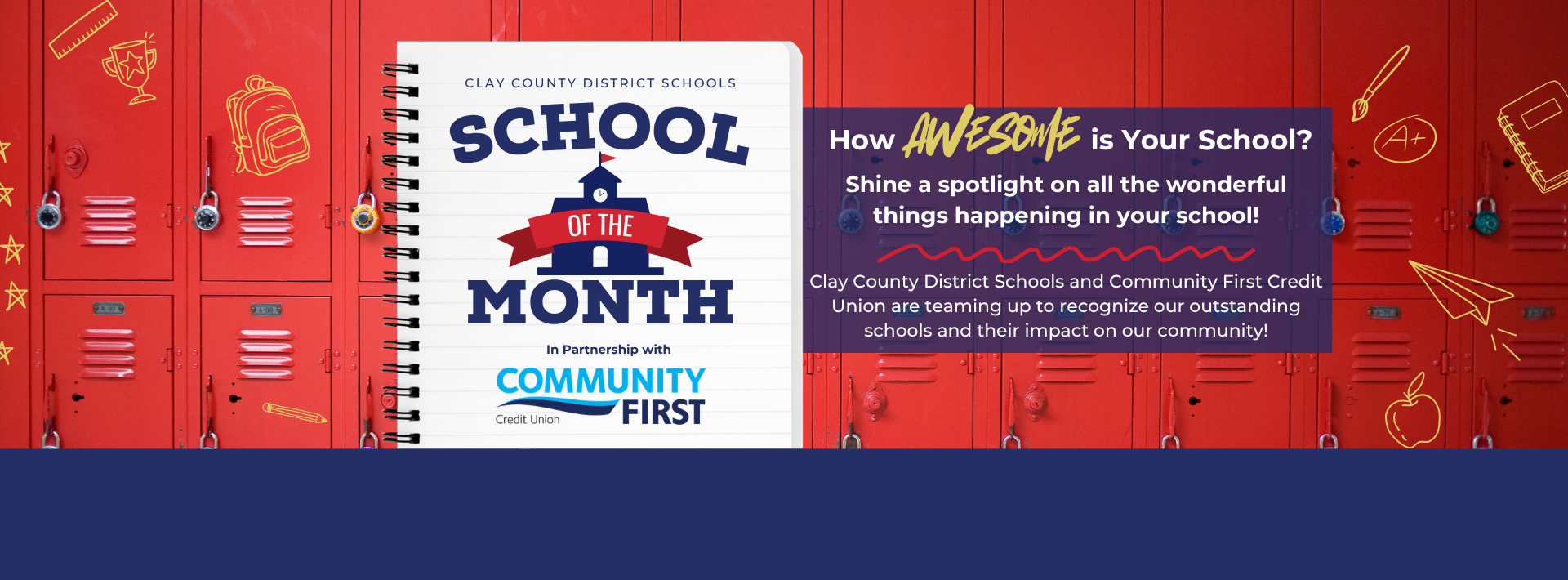 Promotional graphic for the Clay County District Schools and Community First Credit Union "School of the Month" program, set against a backdrop of red school lockers.