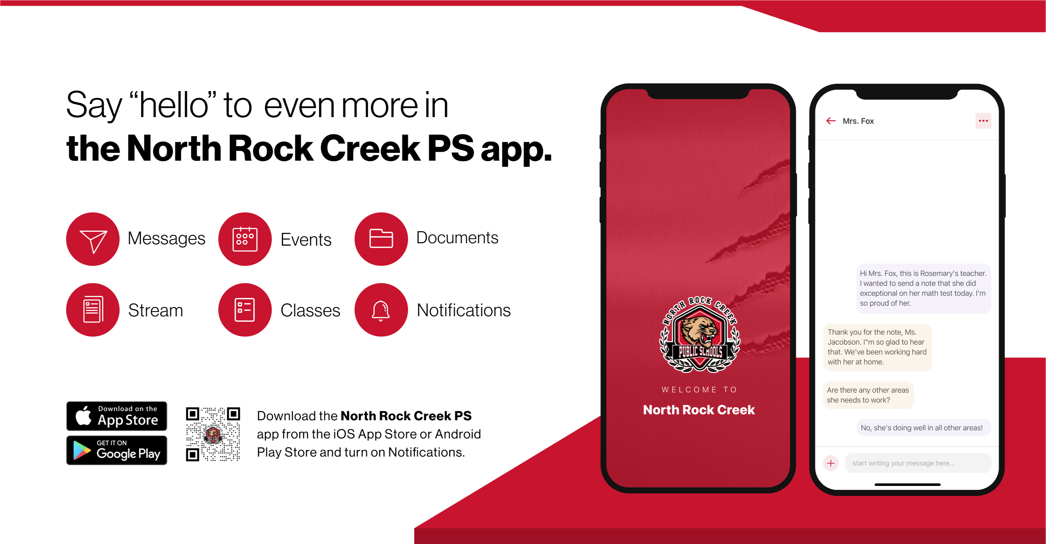 Say hello to Parent-Teacher chat in the new Rooms app. Download the North Rock Creek app in the Google Play or Apple App store