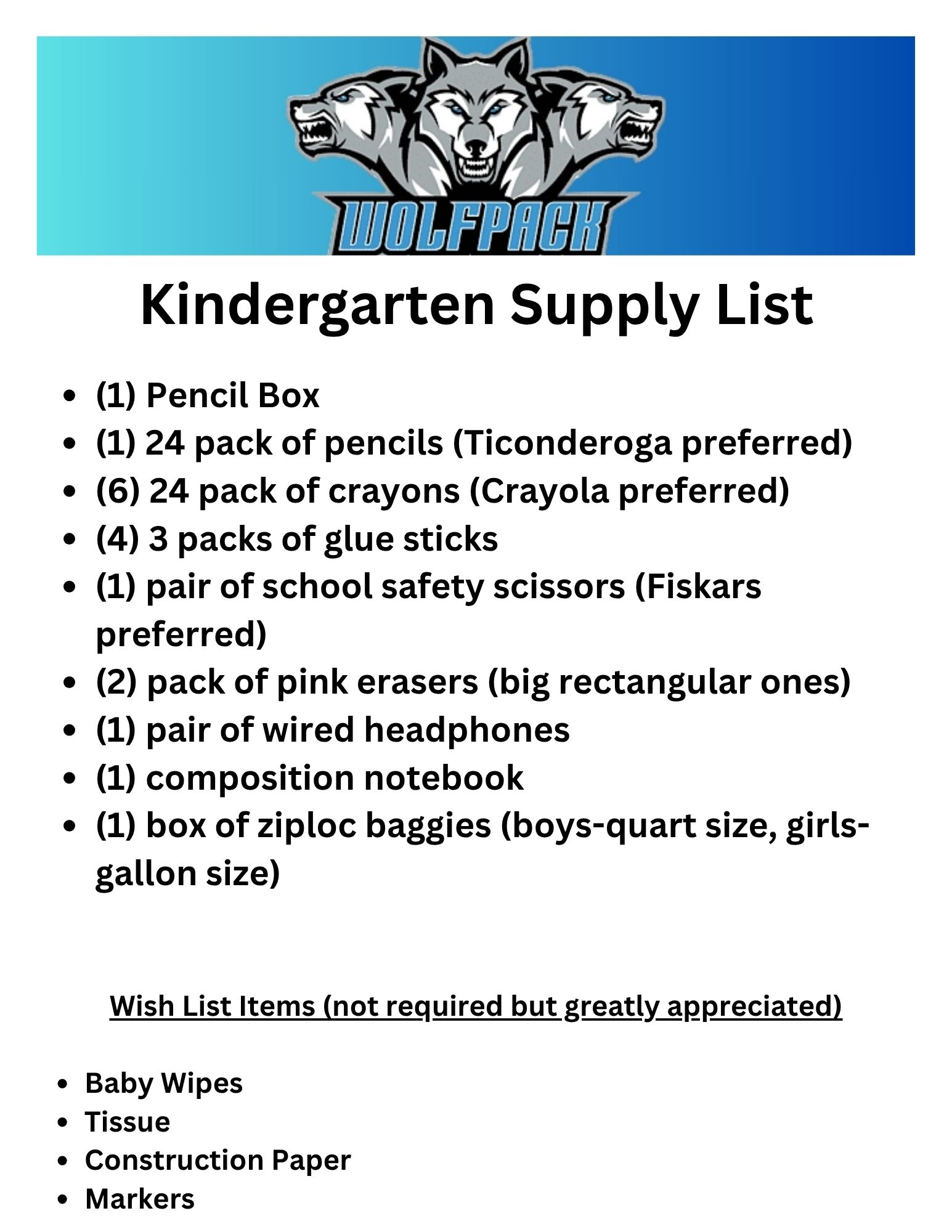 Kindergarten Supply List