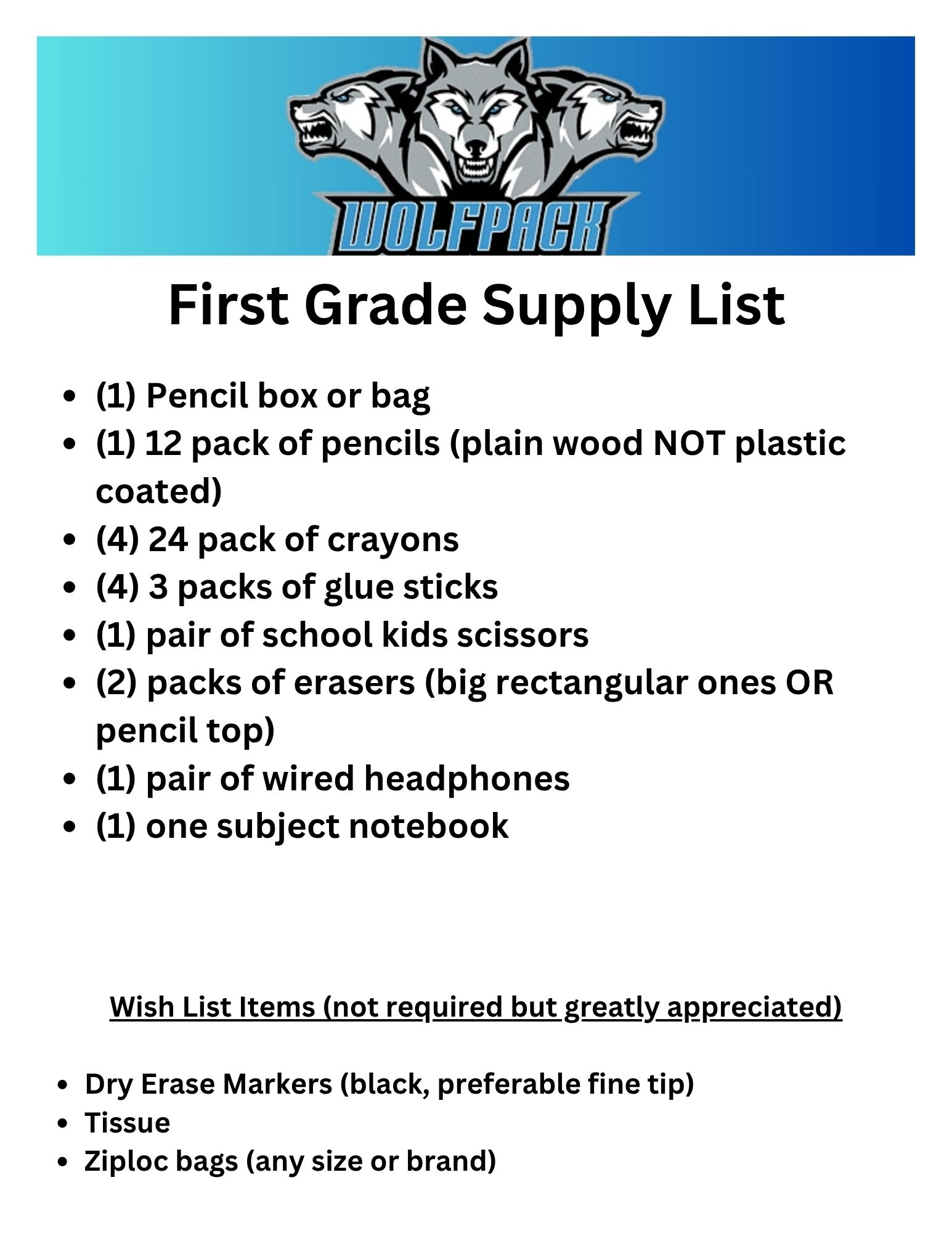 First Grade Supply List