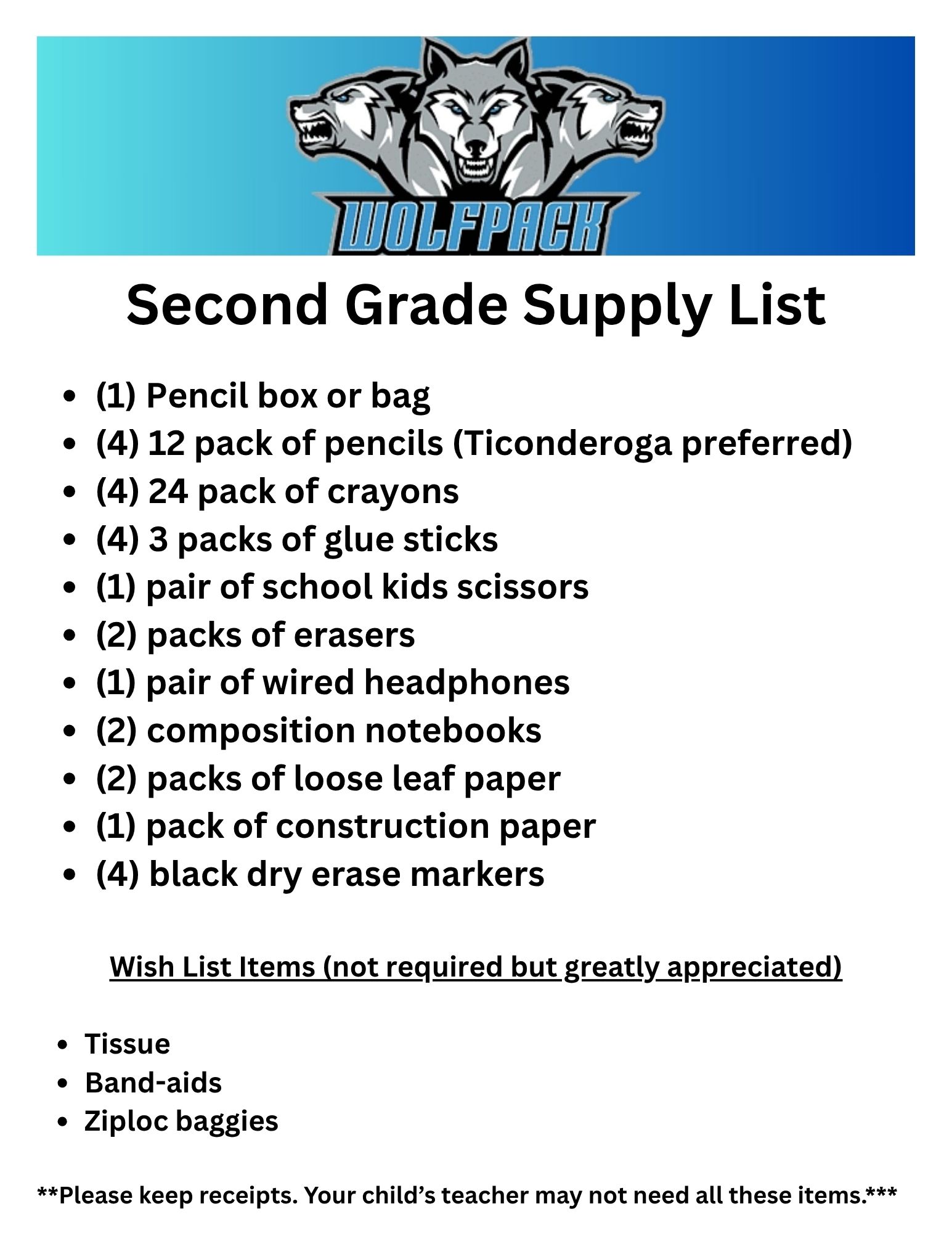 Second Grade Supply List
