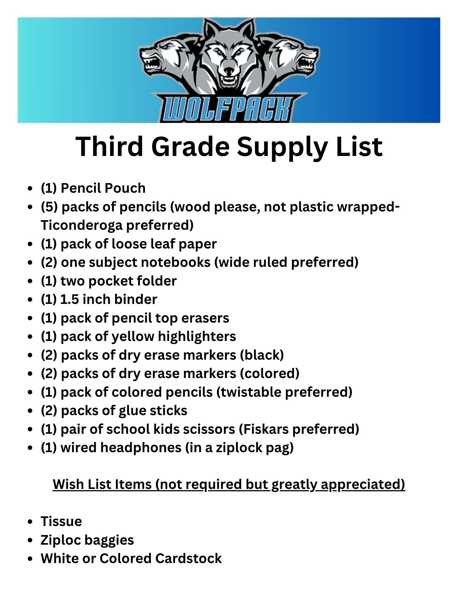 Third Grade Supply List