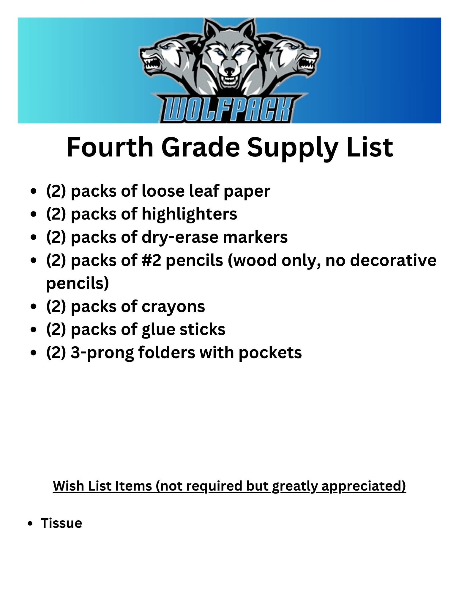 Fourth Grade Supply List
