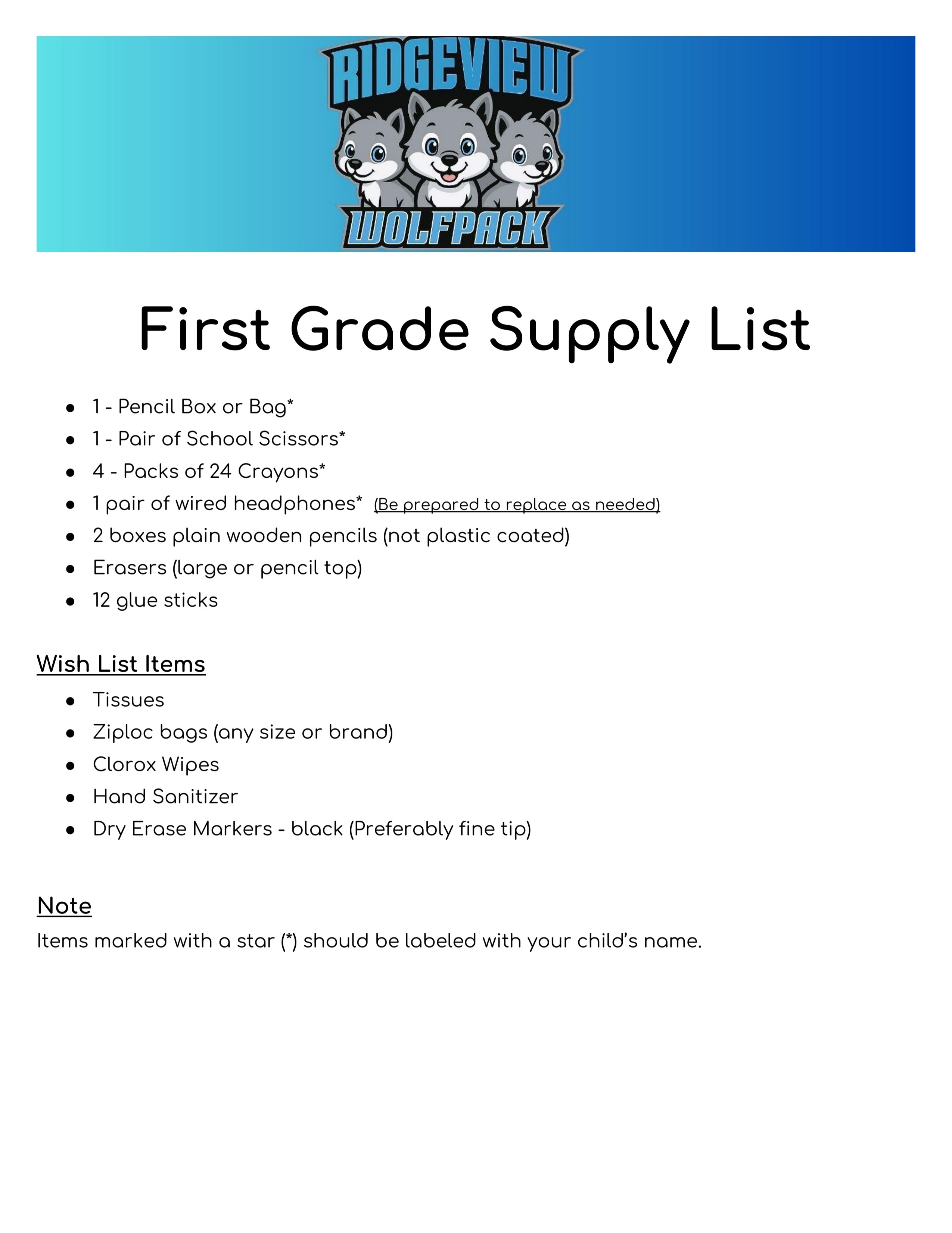 First Grade Supply List