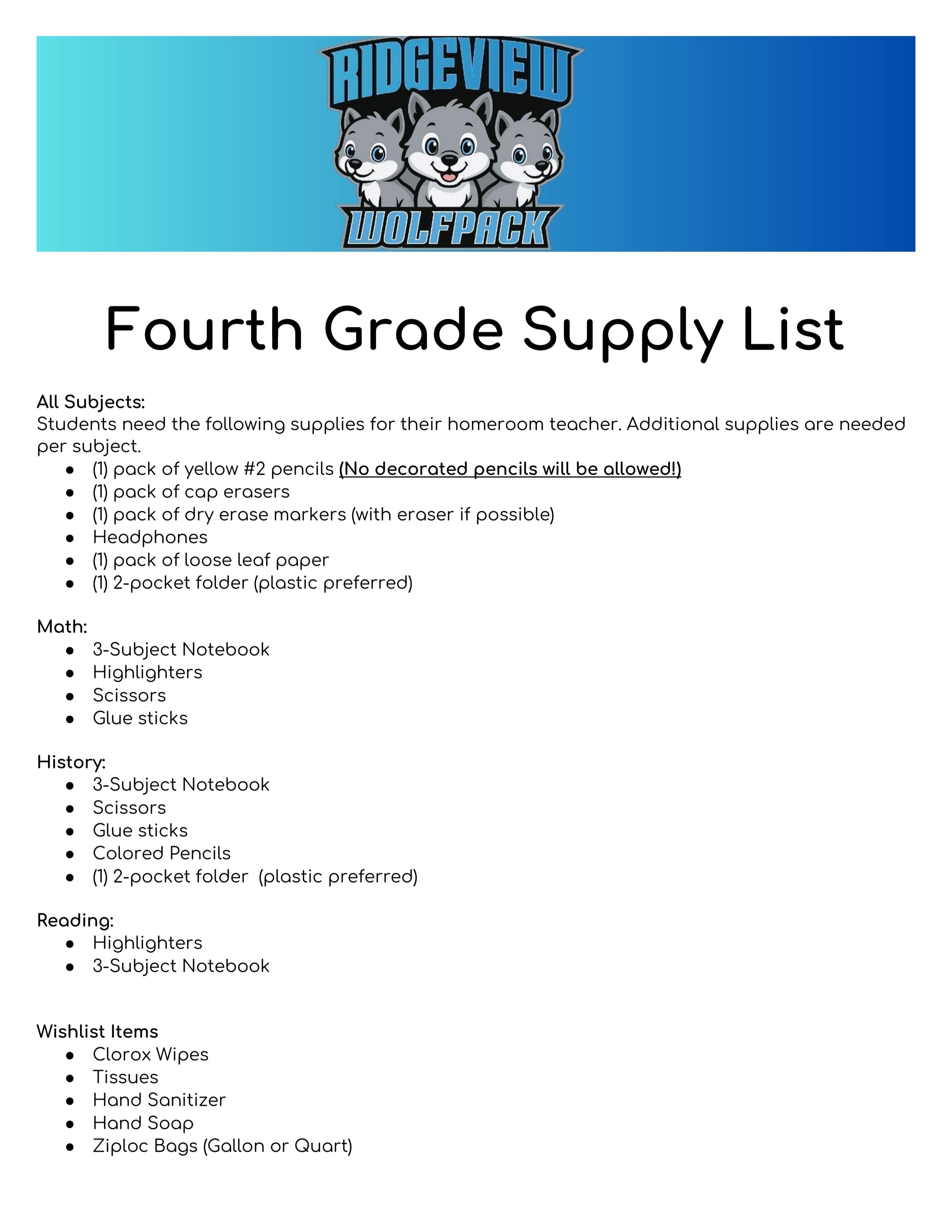 Fourth Grade Supply List