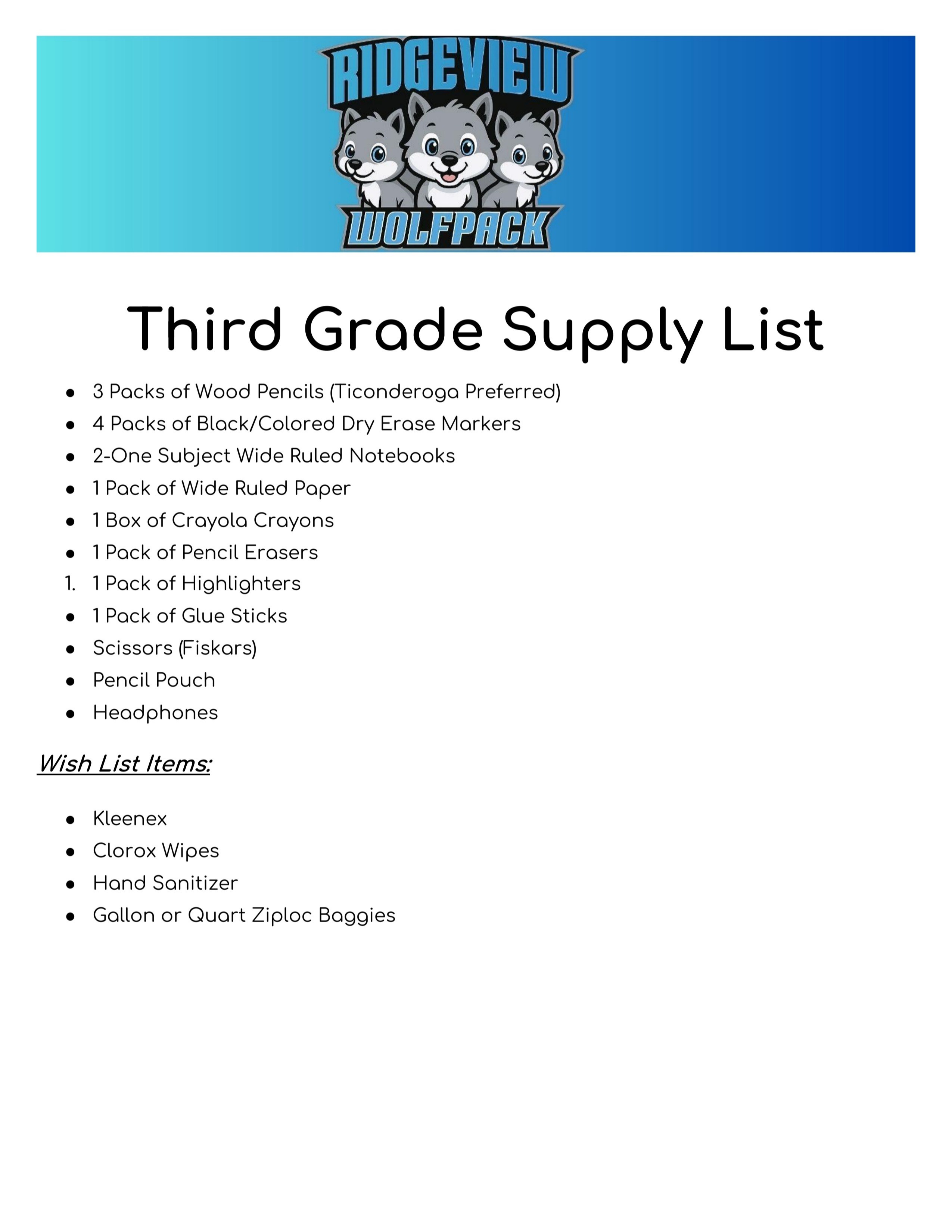 Third Grade Supply List
