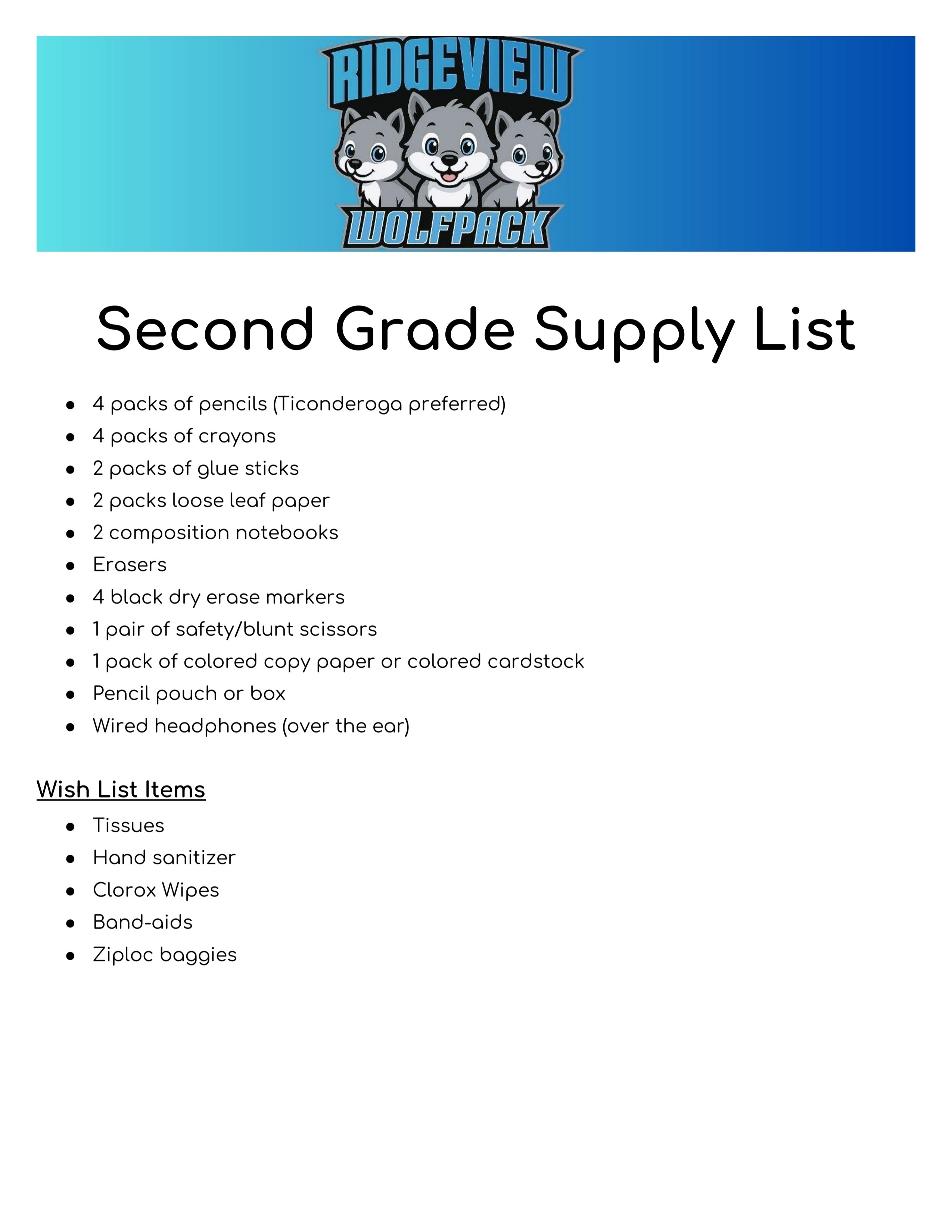 Second Grade Supply List