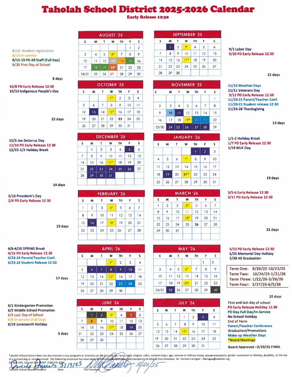 School Year 2025 through 2026 calendar