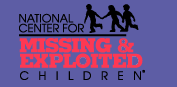 Logo of the National Center for Missing & Exploited Children featuring three silhouetted children holding hands against a purple background.