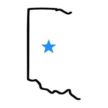 A simple outline of the state of Oklahoma with a blue star placed in the central region.