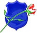 A blue shield emblem with a green stem and red rose crossing through it.