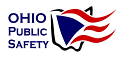 A logo featuring the words 'OHIO PUBLIC SAFETY' alongside a stylized outline of the state of Ohio and red and white wavy lines representing movement or safety.