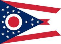 The flag of Ohio features a blue triangular field with a white circle and 13 stars, representing the original states, set against a red and white background.