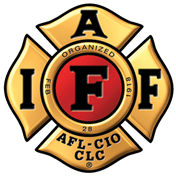 The emblem of the International Association of Fire Fighters (IAFF), featuring a red circle with the letters 'IAFF' in black, surrounded by a gold maltese cross with the words 'Organized' and 'AFL-CIO CLC' at the bottom.