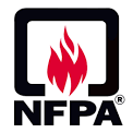 The NFPA logo features a stylized flame inside a square, with the letters 'NFPA' prominently displayed below.