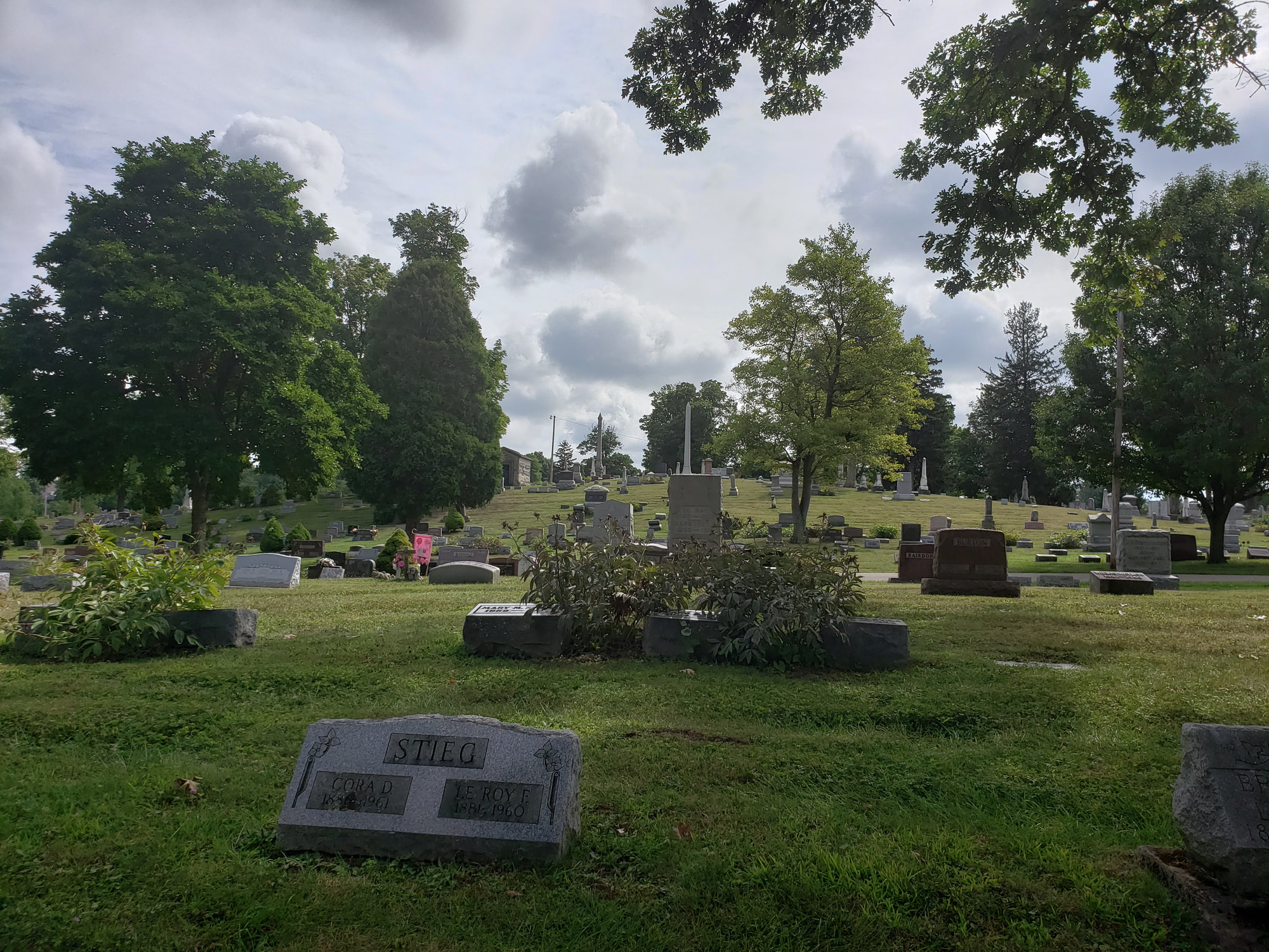 A serene cemetery landscape featuring gravestones set among lush green grass and trees under a cloudy sky.