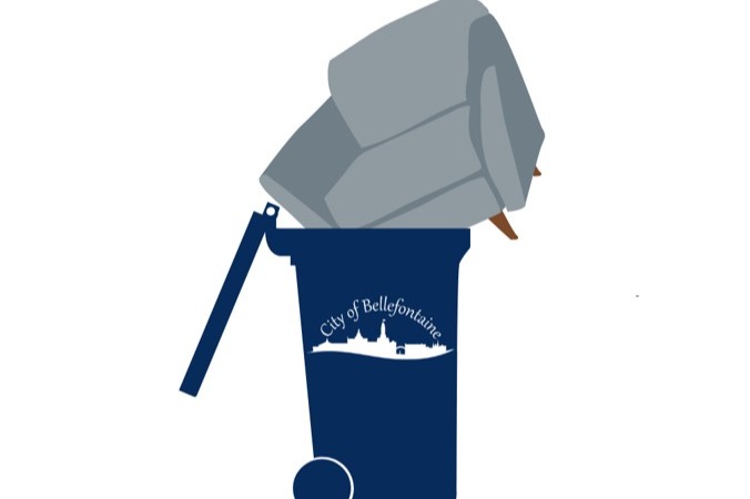 Graphic showing a household chair discarded in a trashcan with a City of Bellefontaine Logo on the side.