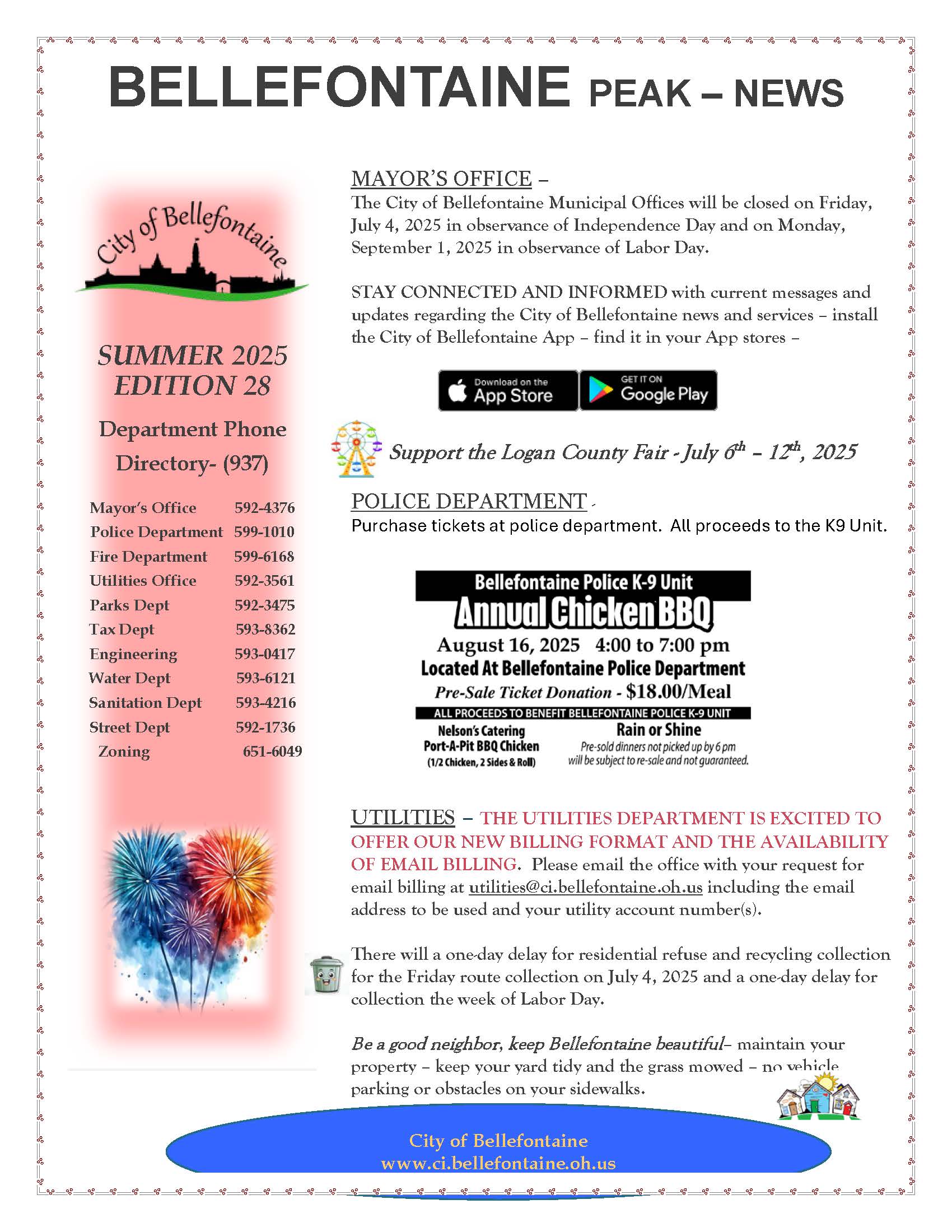 Bellefontaine Peak Newletter for the month of July 2025. Showing the upcoming City events, trash delays, department directory and other city updates and news.