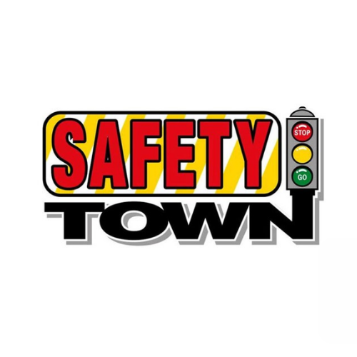 A logo featuring the words "Safety Town" in bold red letters on a yellow and black striped background.