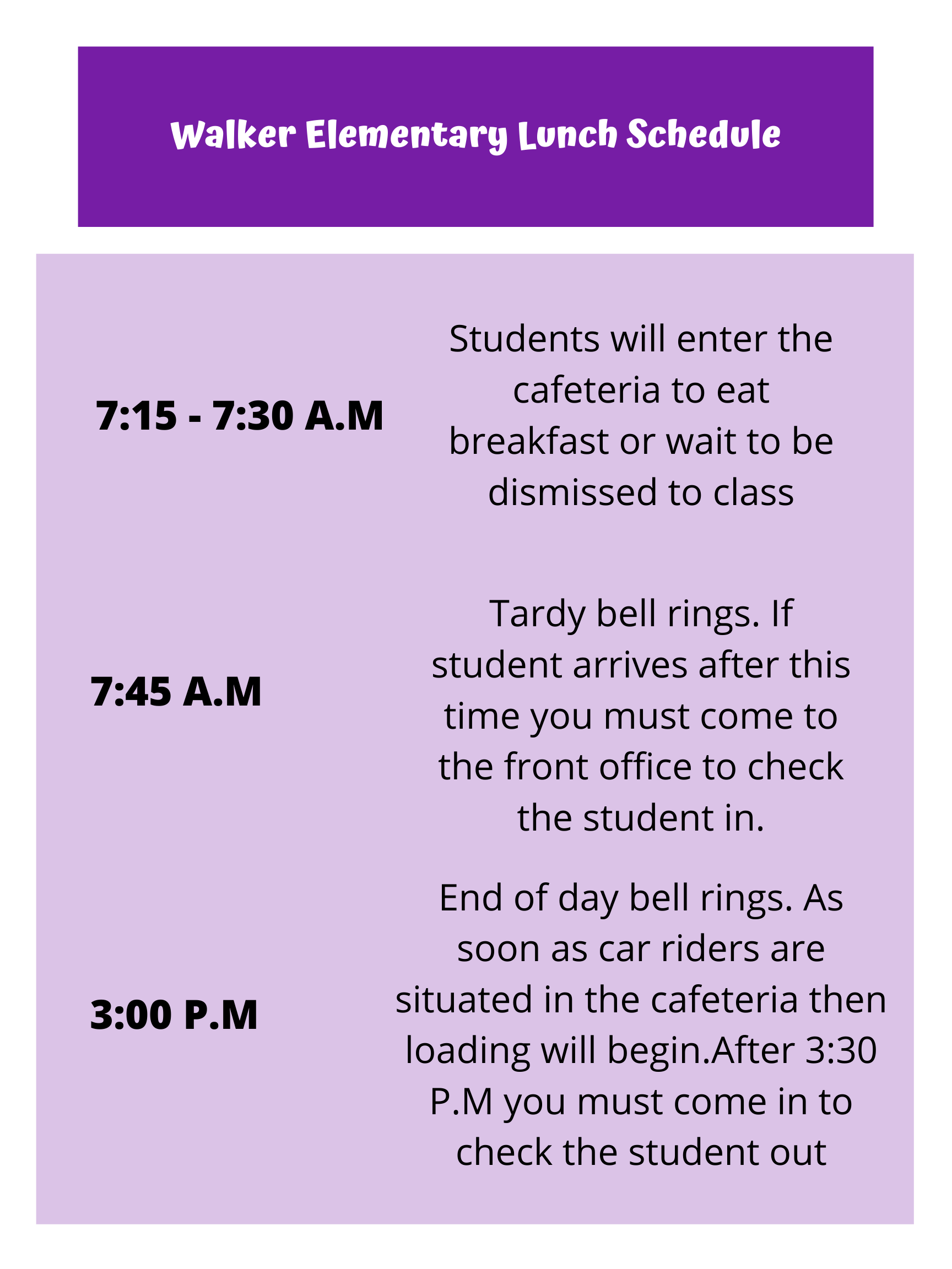 Walker Elementary Lunch Schedule