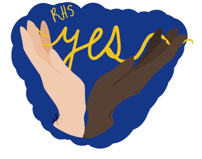 An illustration featuring two hands, one light-skinned and one dark-skinned, with the word 'yes' written in a flowing yellow script above them, all set against a blue background.