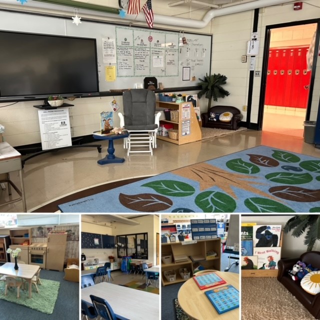 A classroom setting featuring a large screen, a rocking chair, educational materials, and colorful rugs, with additional images showing various learning areas and furniture.