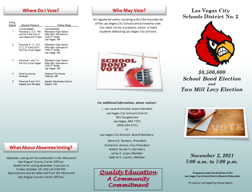 A pamphlet providing information about the Las Vegas City Schools District No. 1, detailing where and who may vote, absentee voting options, and the upcoming school bond election scheduled for November 2, 2021.