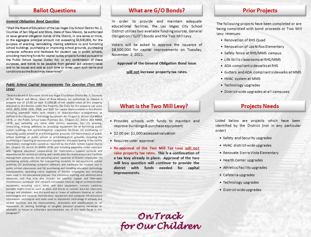 A detailed informational flyer outlining ballot questions, the purpose of G.O. Bonds, the Two Mill Levy, and project needs related to community development, with a background image of a railway track.