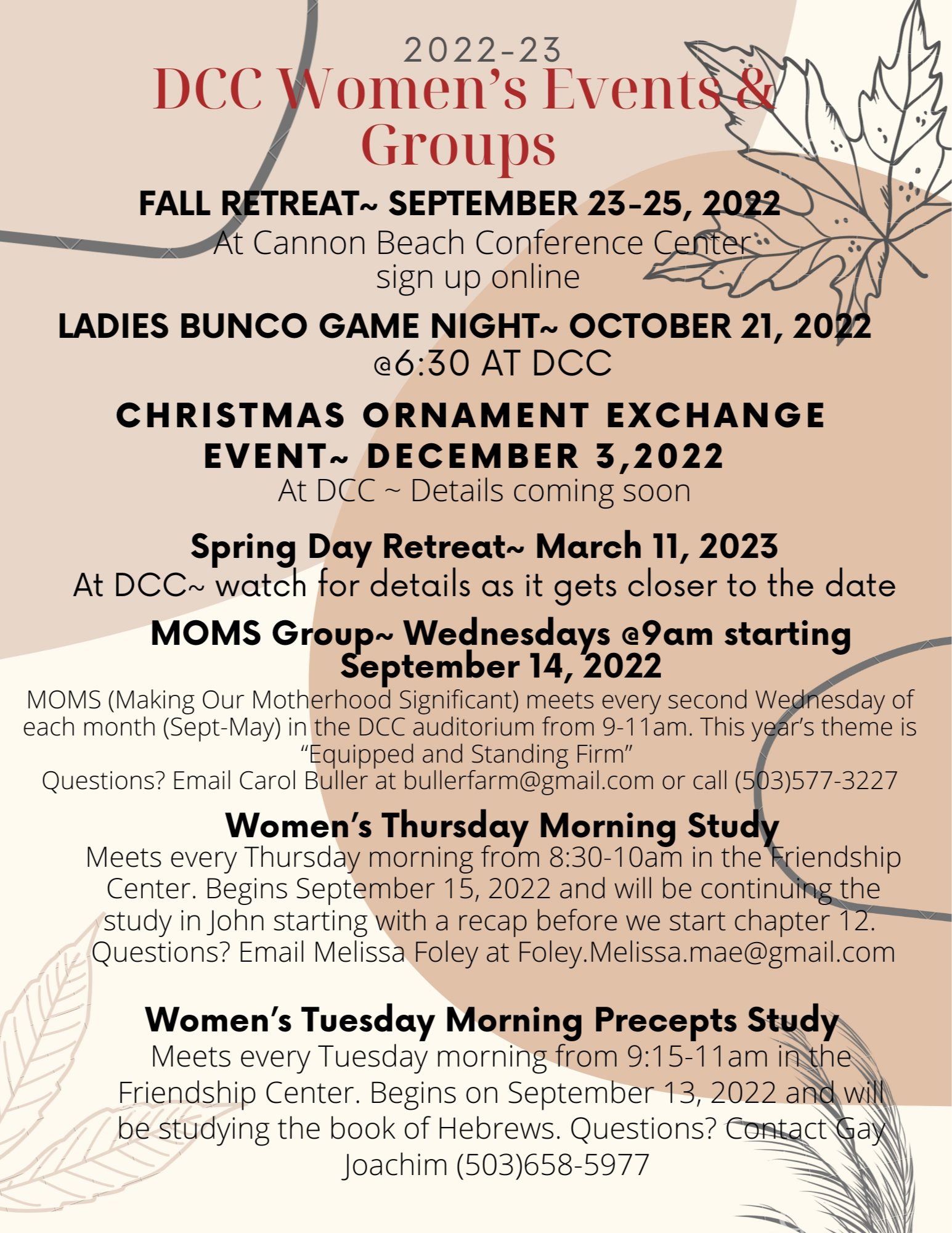women's ministry events calendar for fall 2022 through spring 2023