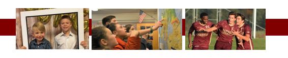 A line of 3 pictures: One of kids, another of students pointing to a map, the last of the boys soccer team