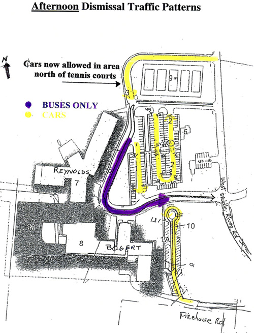 A diagram illustrating the afternoon dismissal traffic patterns at a school, showing designated routes for buses and cars, with specific areas marked for bus-only access.