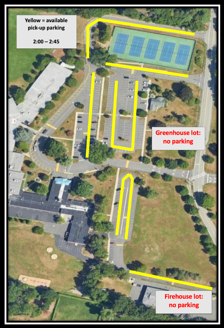 A diagram illustrating the afternoon dismissal traffic patterns at a school, showing designated routes for buses and cars, with specific areas marked for bus-only access.