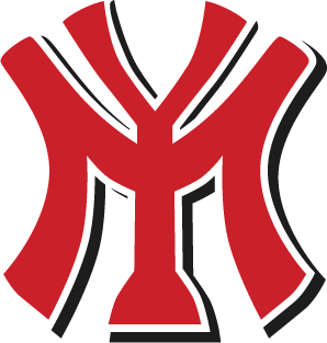 A stylized logo featuring a bold red design resembling the letters 'M' and 'Y' intertwined, set against a black background.