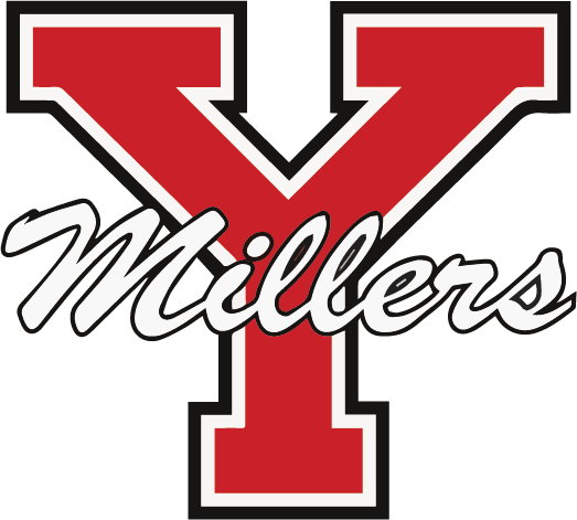 A stylized letter 'Y' in red with a white cursive text reading 'Millers' beneath it, set against a black background.