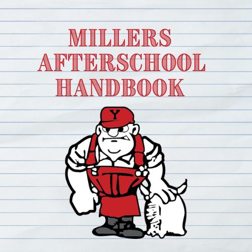 A cartoon character in a red outfit, resembling a muscular man, stands next to a small dog, with the text 'MILLERS AFTERSCHOOL HANDBOOK' above them on a lined paper background.