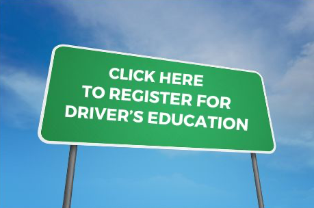 A green sign with white text that reads 'CLICK HERE TO REGISTER FOR DRIVER'S EDUCATION' against a blue sky background.