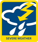 A graphic depicting a cloud with rain and a lightning bolt, accompanied by the text 'SEVERE WEATHER' at the bottom.