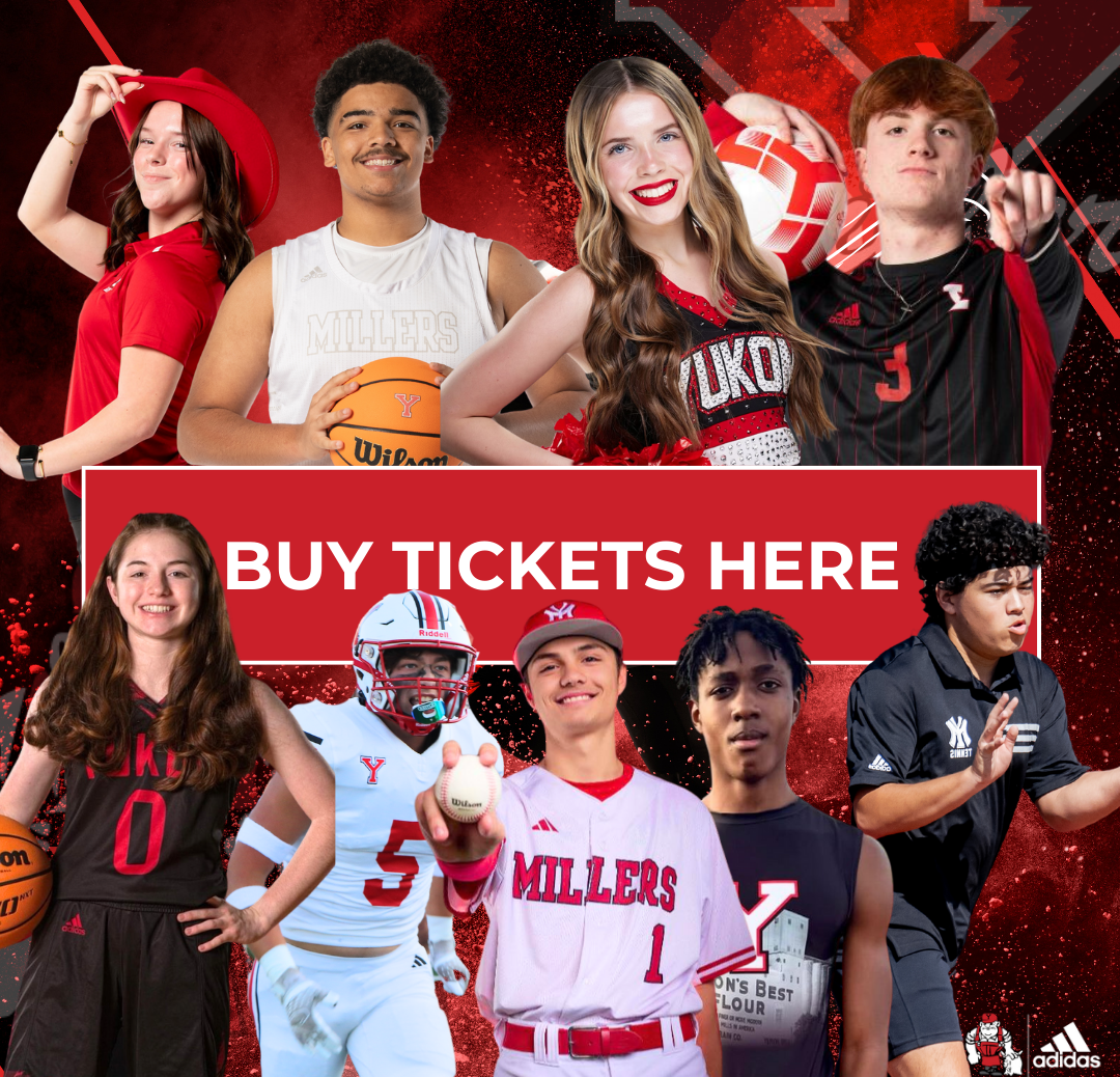A promotional image featuring a group of young athletes in various sports uniforms, with a bold text banner that says 'BUY TICKETS HERE' in the center.
