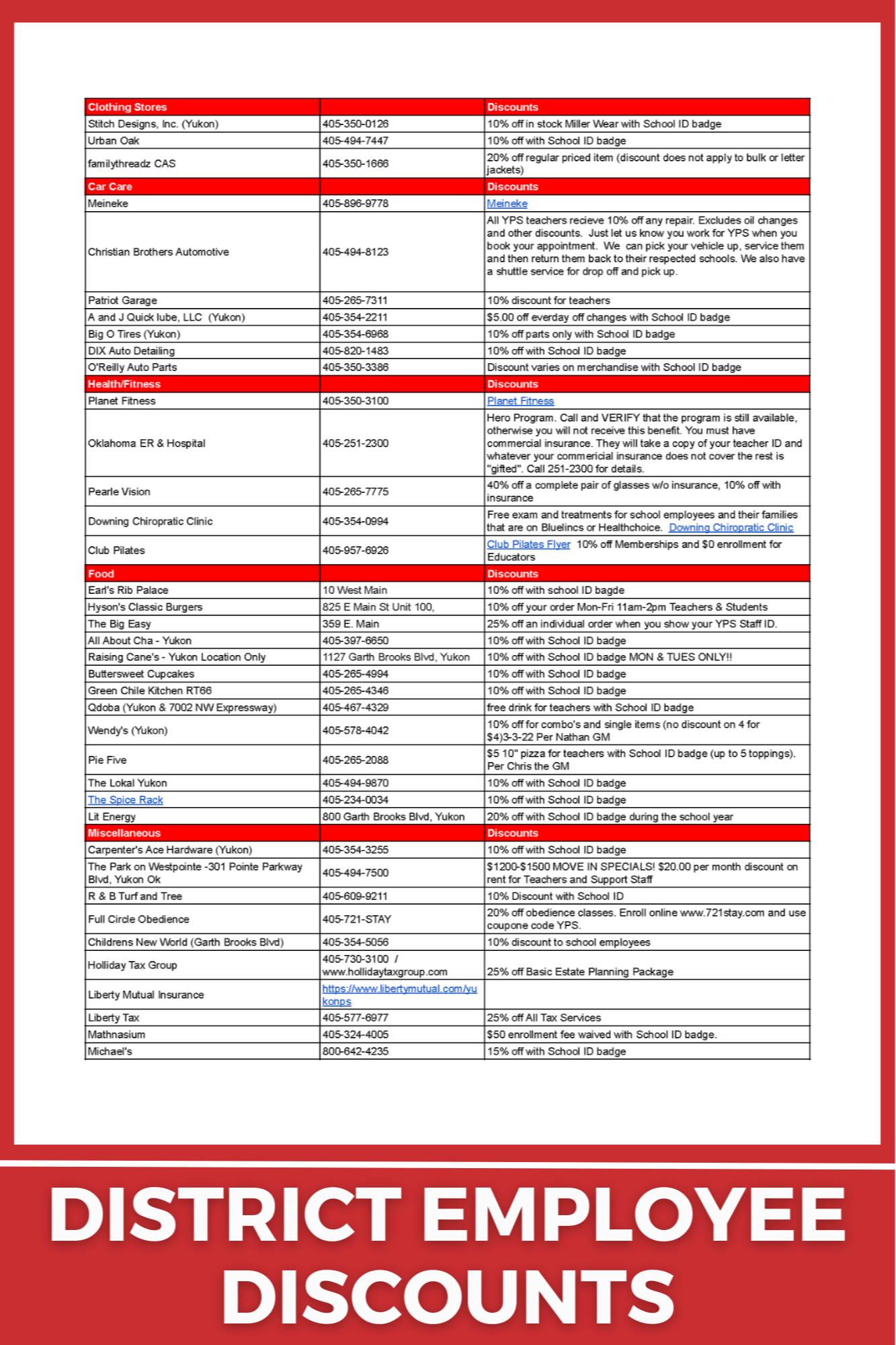 District Employee Discounts spreadsheet 