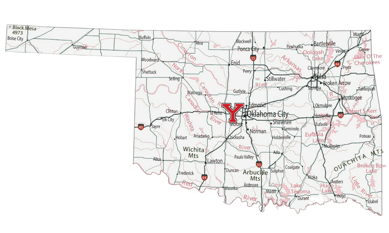 Oklahoma Map with red Y indicating location of Yukon, Oklahoma