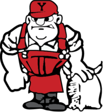 A cartoon bulldog mascot wearing a red cap with a 'Y' on it, a red apron, and holding a white sack, also known as the Miller Man.