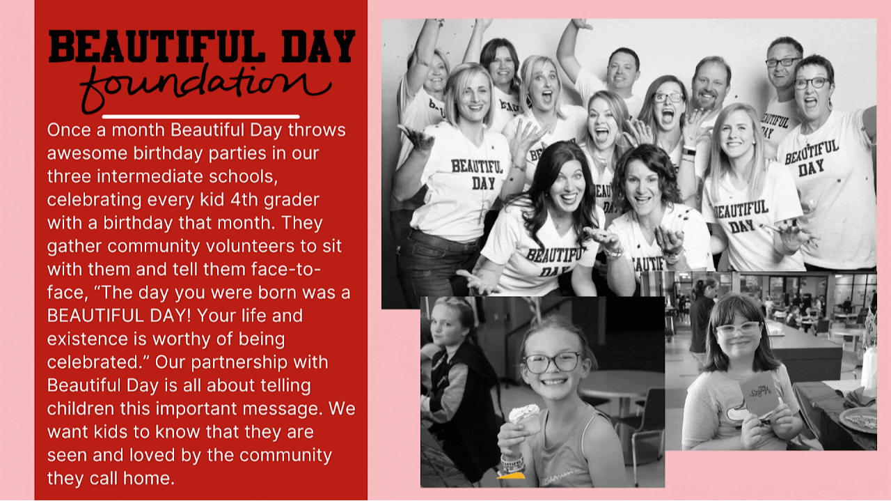 Beautiful Day Foundation Once a month Beautiful Day throws awesome birthday parties in our three intermediate schools, celebrating every kid 4th grader with a birthday that month. They gather community volunteers to sit with them and tell them fact-to-face, The day you were born was a BEAUTIFUL DAY! Your life and existence is worthy of being celebrated." Our partnership with Beautify Day is all about telling children this important message. We want kids to know that they are seen and loved by the community they call home.