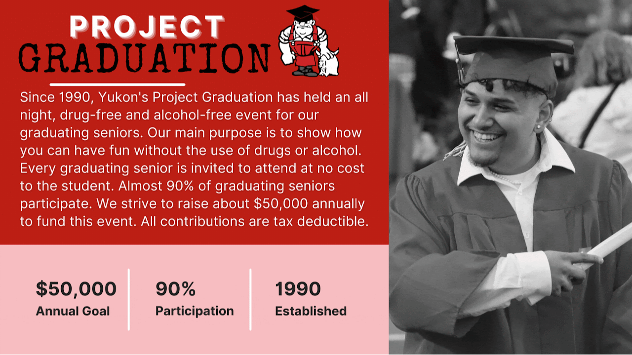 Project Graduation Since 1990, Yukon's Project Graduation has held an all night, drug-free and alcohol-free event for our graduating seniors. Our main purpose is to show how you can have fun without to use of drugs or alcohol. Every graduating senior is invited to attend at no cost to the student. Almost 90% of graduating seniors participate. We strive to raise about $50,000 annually to fund this event. All contributions are tax deductible.