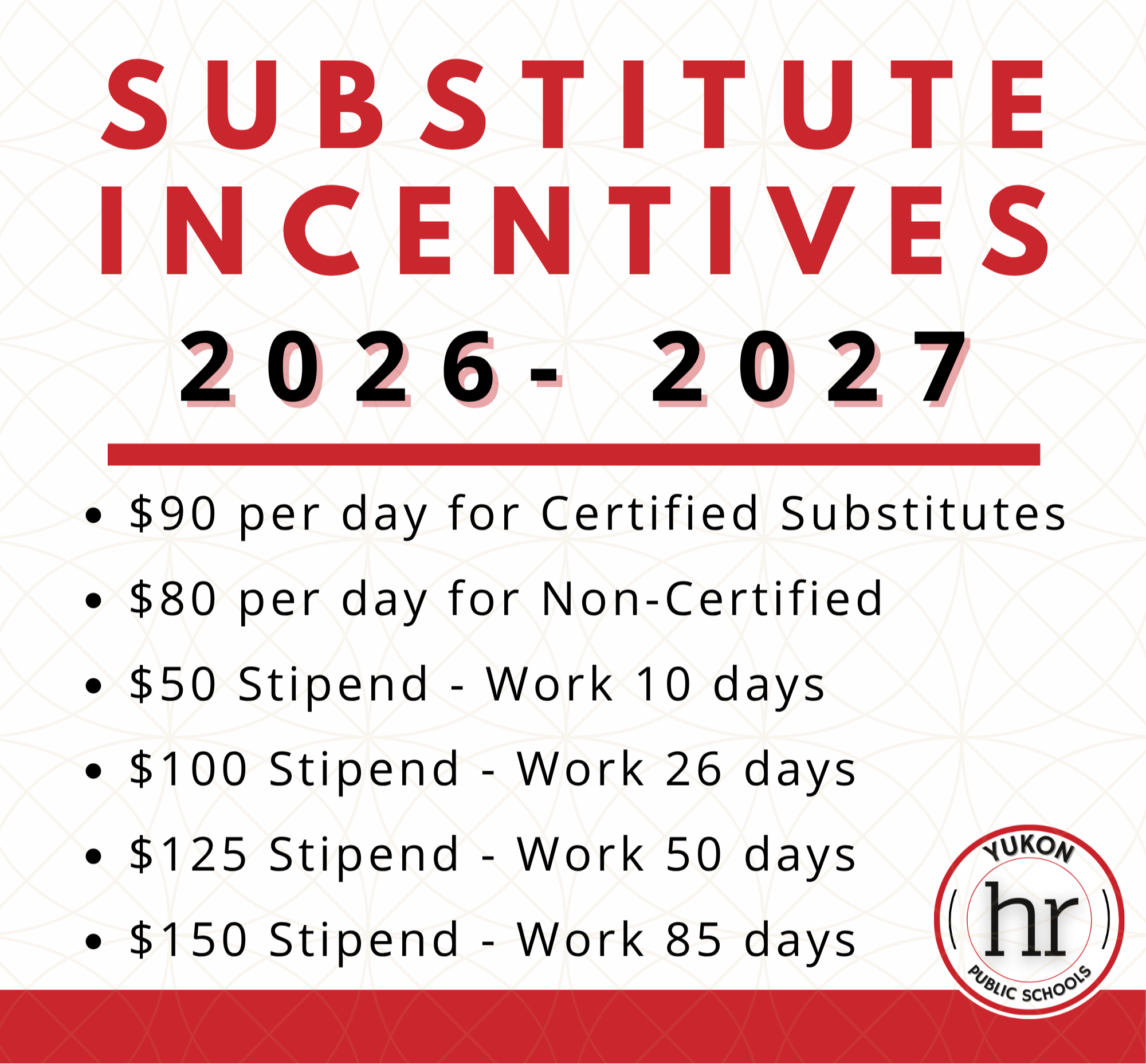 Substitute Incentives 2025 - 2026 $50 Stipend - work 10 days; $5 daily pay bump - startind day 26; $100 stipend - work 50 days; $100 stipend - work 85 days