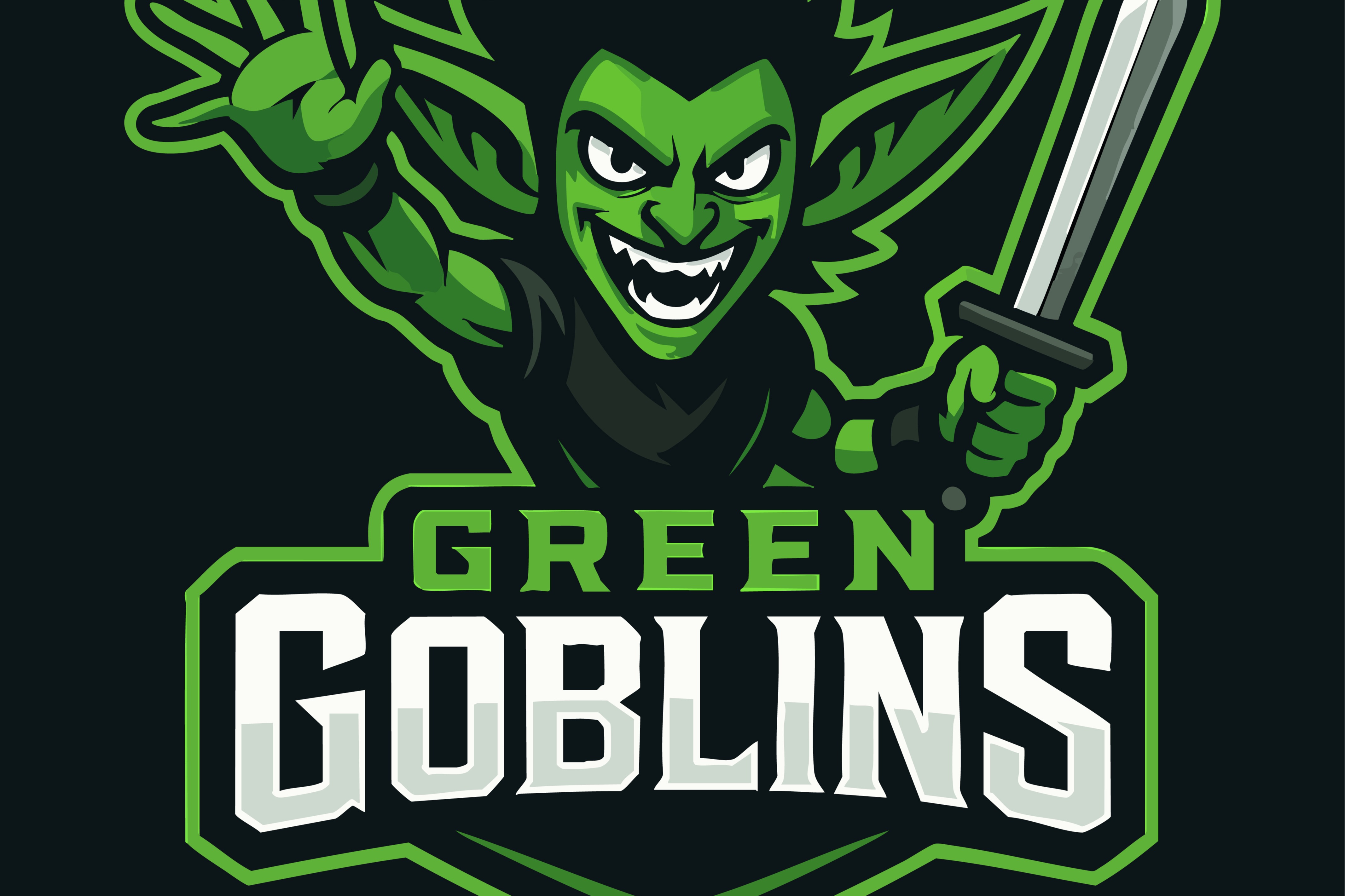 Logo with a green goblin character, holding a sword, over "Green Goblins" in bold white letters on a black background.